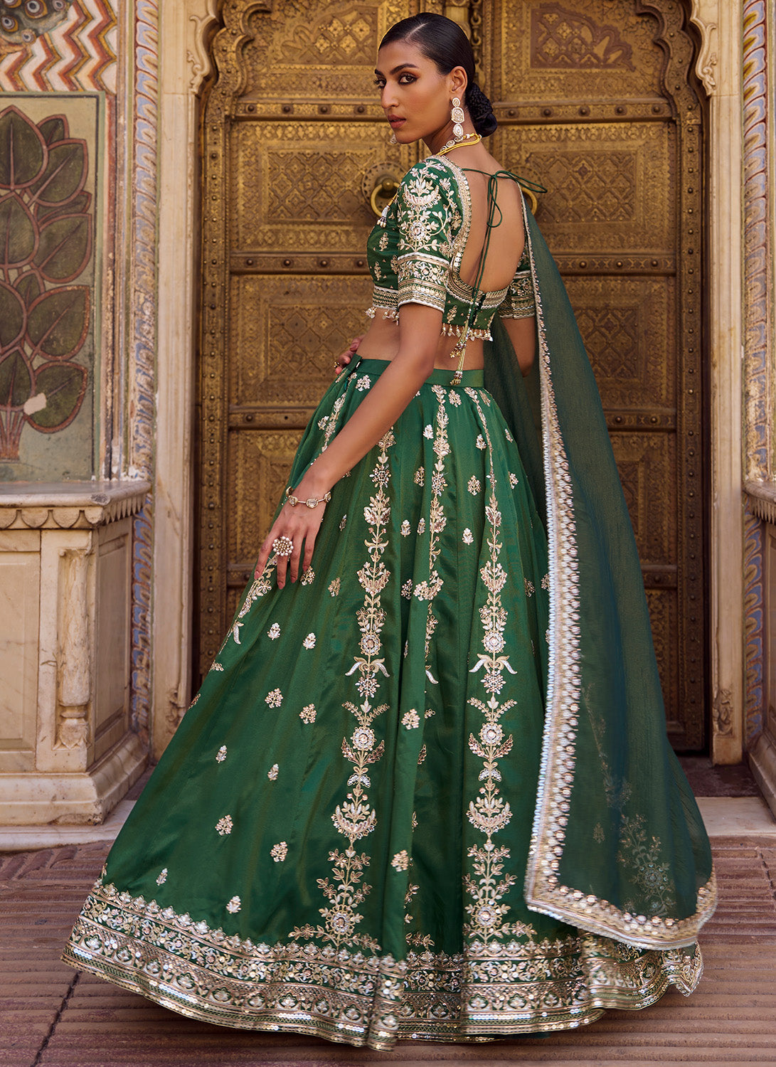 Green Embroidered Silk Lehenga
