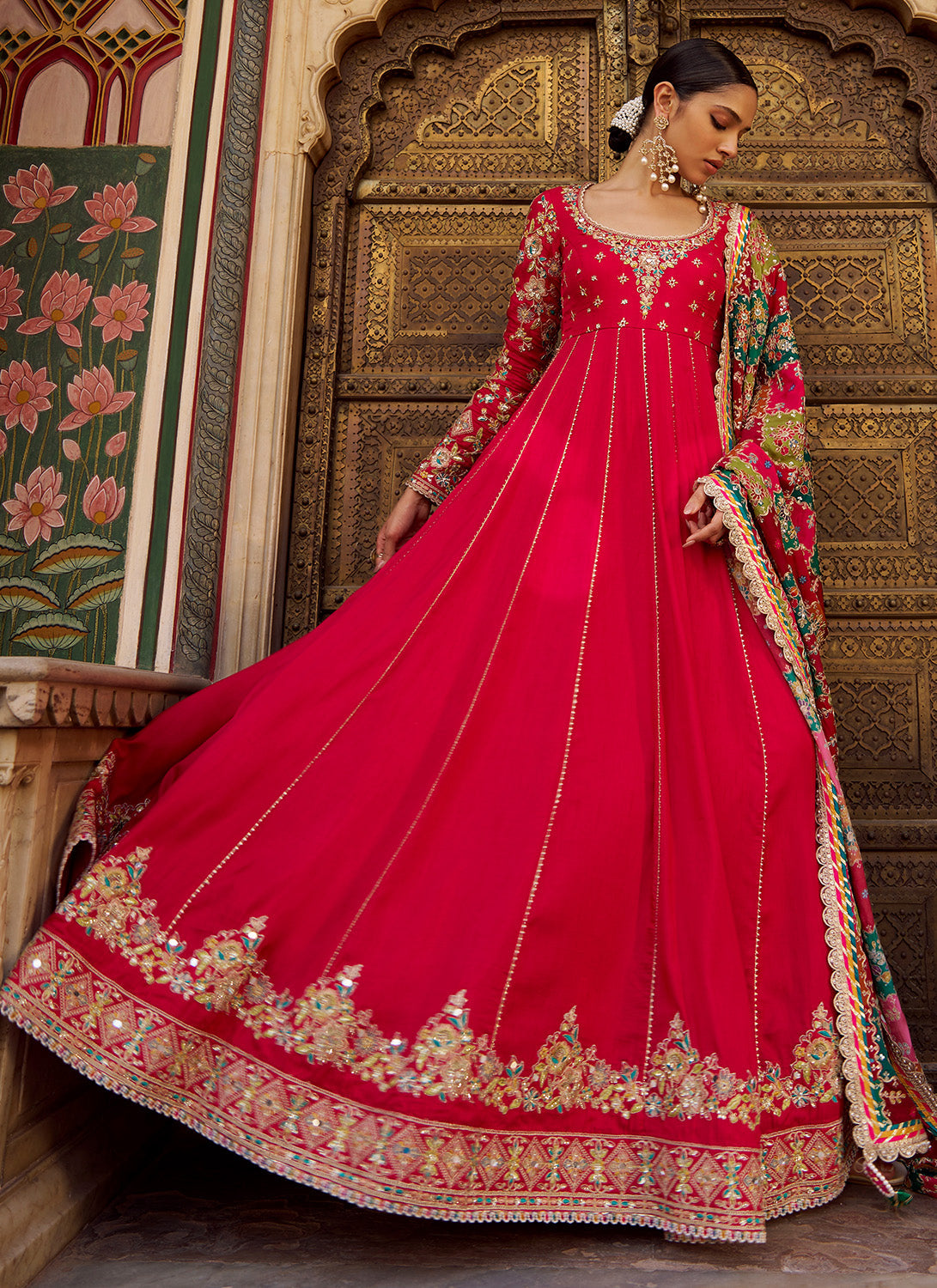 Pink Embroidered Viscose Silk Anarkali