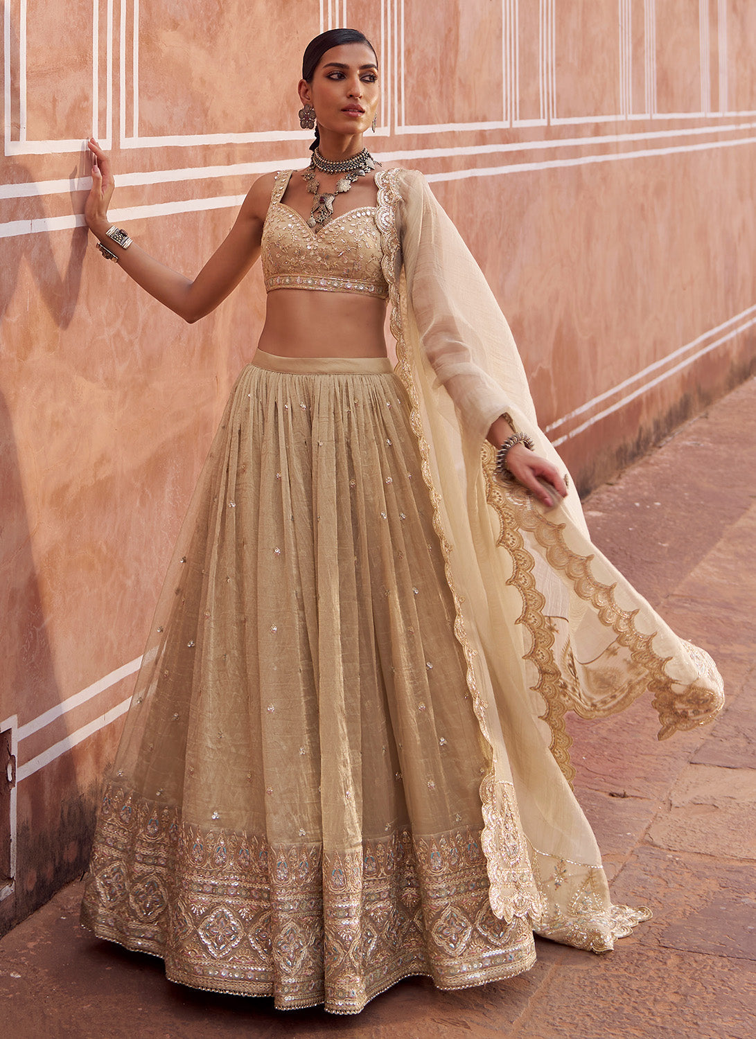 Gold Embroidered Tissue Silk Lehenga