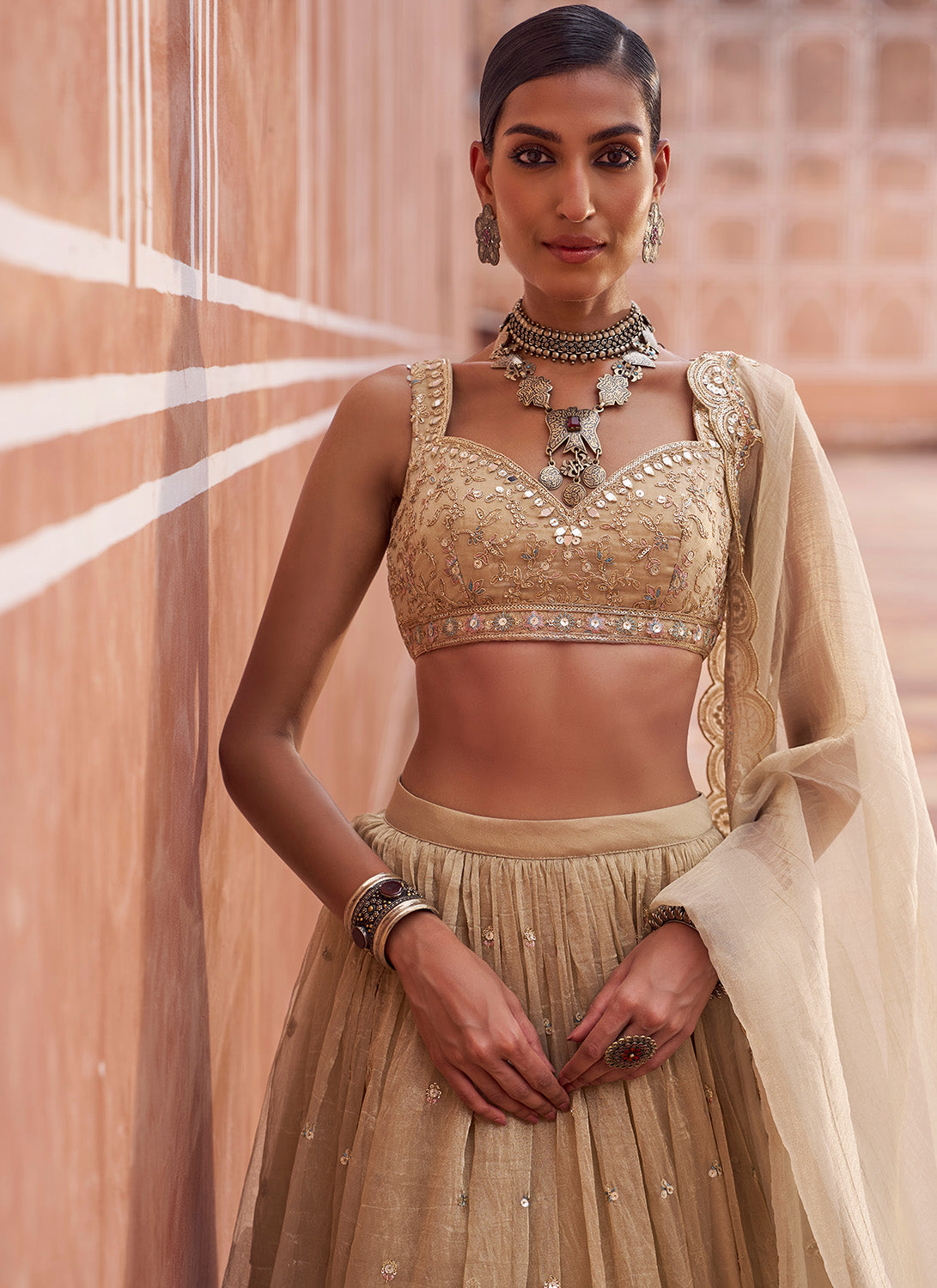 Gold Embroidered Tissue Silk Lehenga