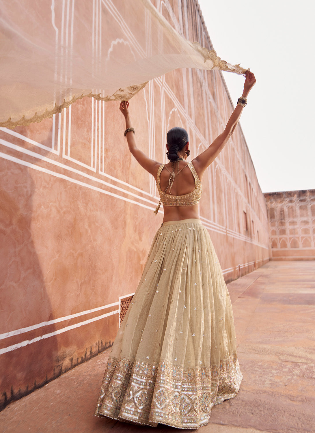 Gold Embroidered Tissue Silk Lehenga