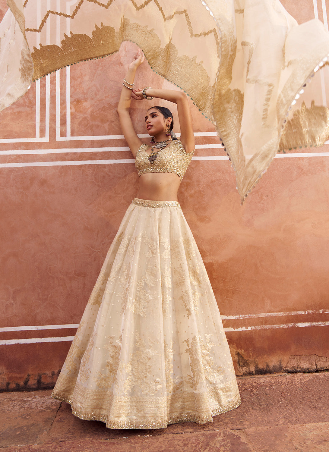 Gold Embroidered Viscose Tissue Lehenga