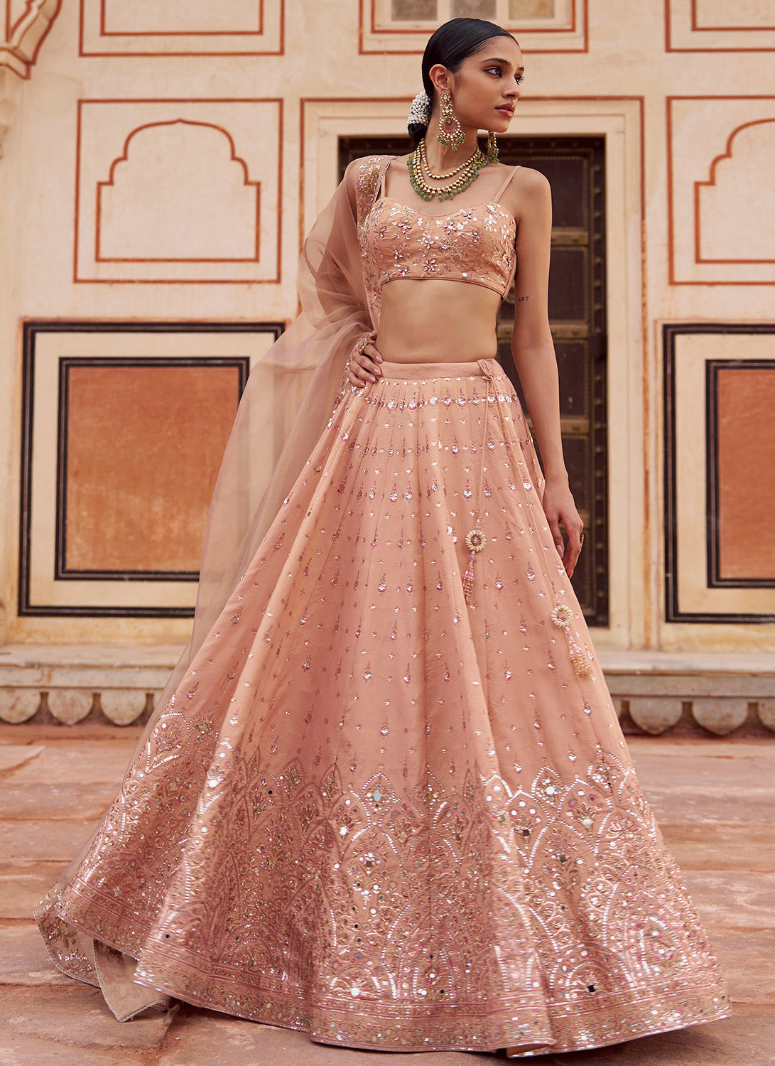 Dusty Nude Embroidered Silk Lehenga