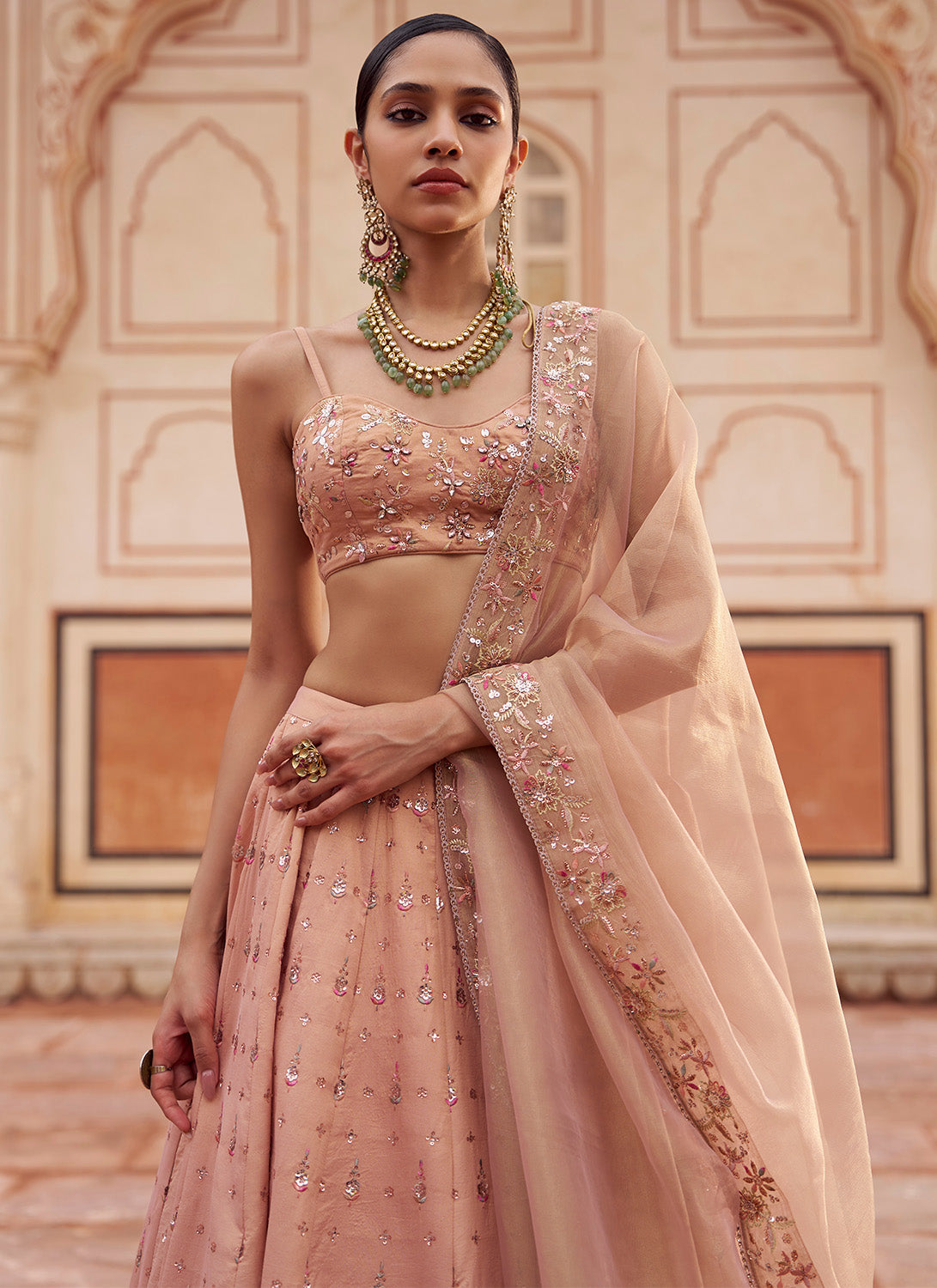 Dusty Nude Embroidered Silk Lehenga