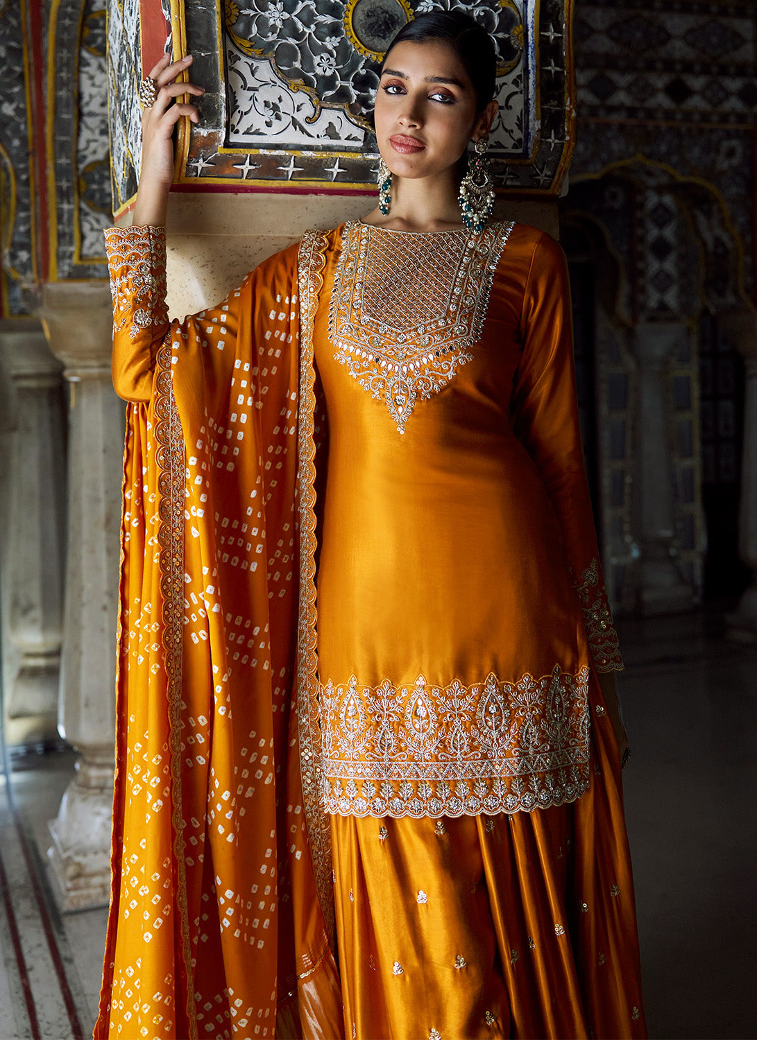 Orange Embroidered Pure Bandhani Sharara