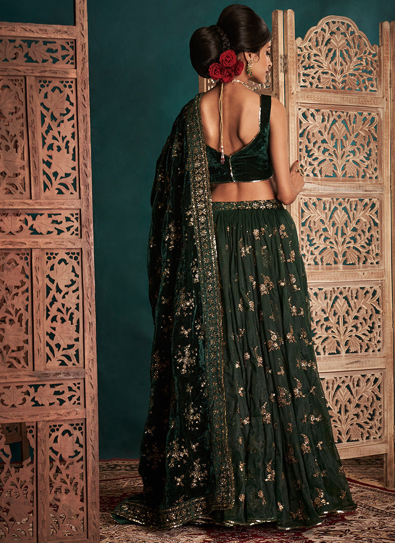 Dark Green and Gold Embroidered Velvet Lehenga