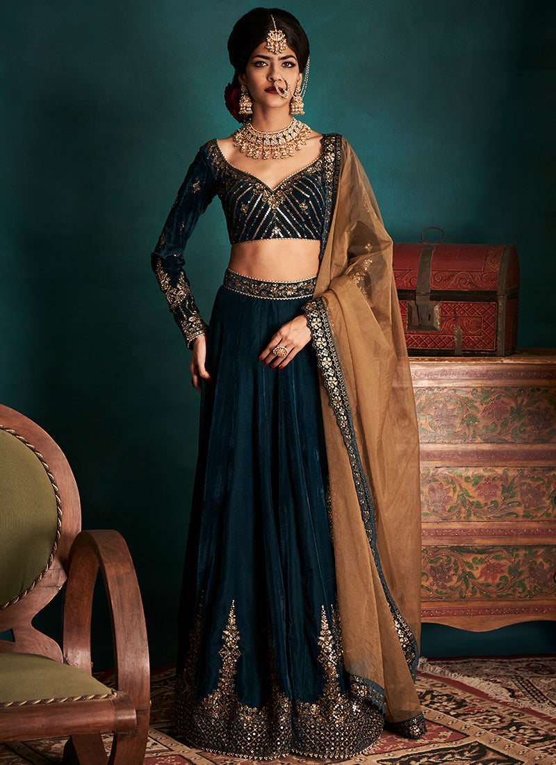 Dark Teal and Gold Embroidered Velvet Lehenga