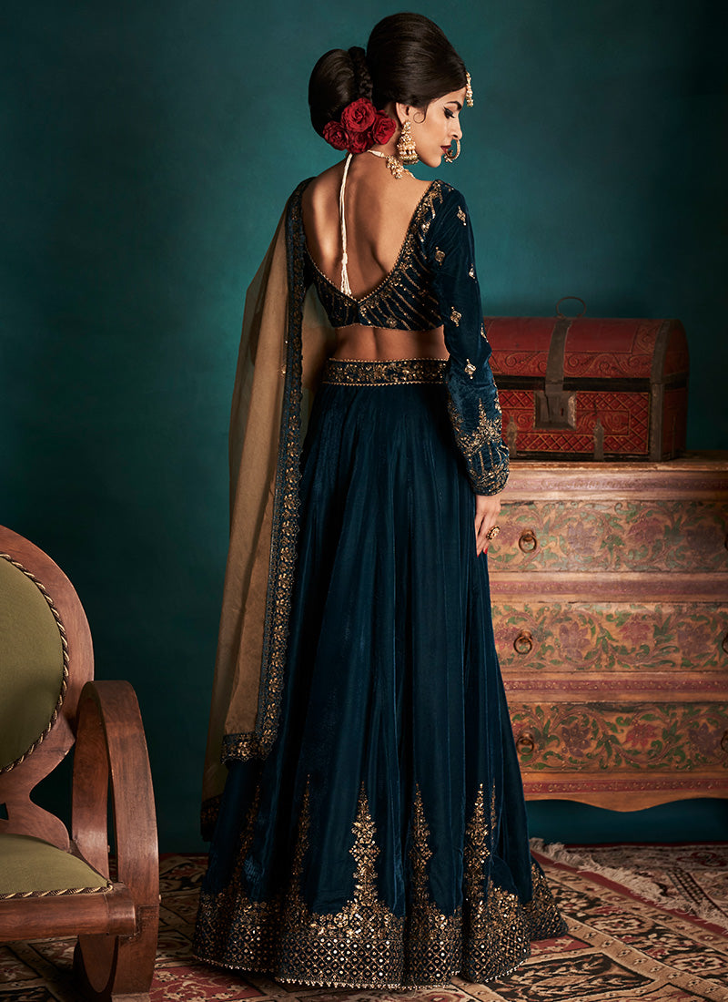 Dark Teal and Gold Embroidered Velvet Lehenga