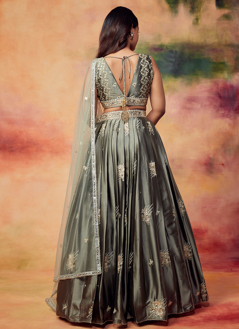 Dusty Olive Embroidered Satin Lehenga