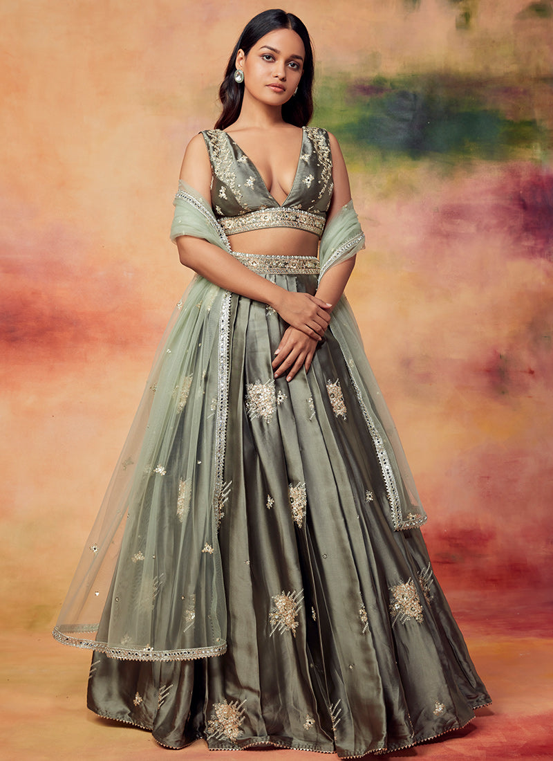 Dusty Olive Embroidered Satin Lehenga