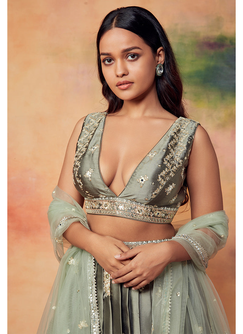 Dusty Olive Embroidered Satin Lehenga