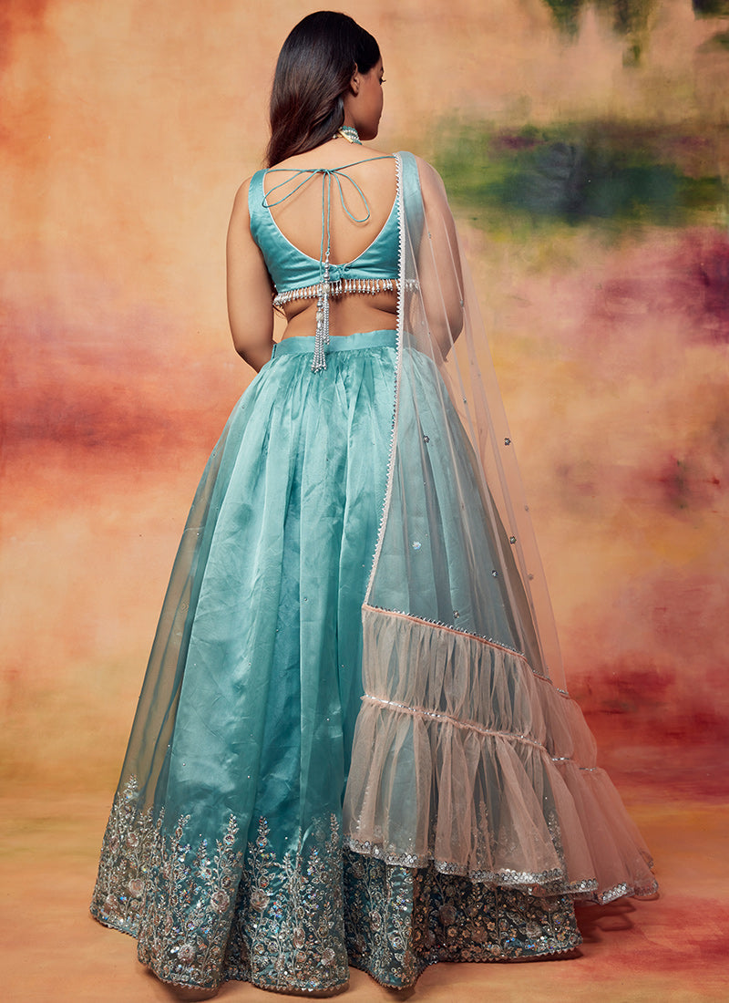 Dusty Teal and Pink Embroidered Lehenga