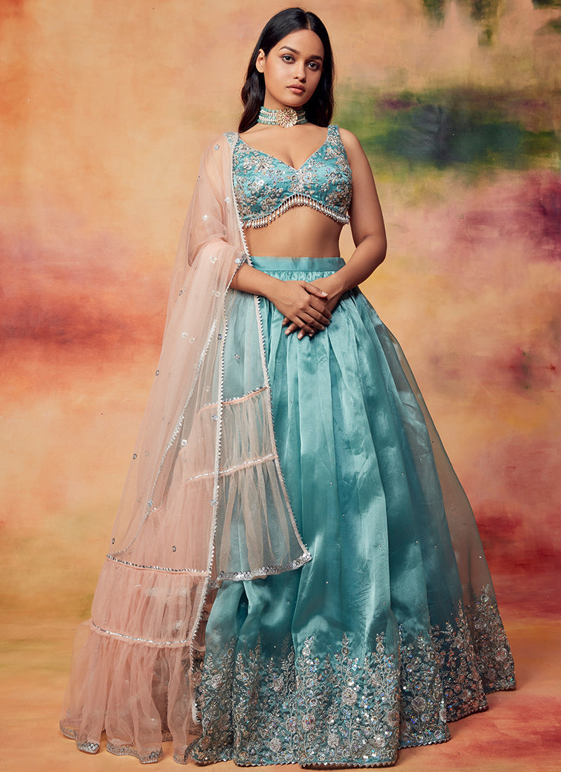 Dusty Teal and Pink Embroidered Lehenga