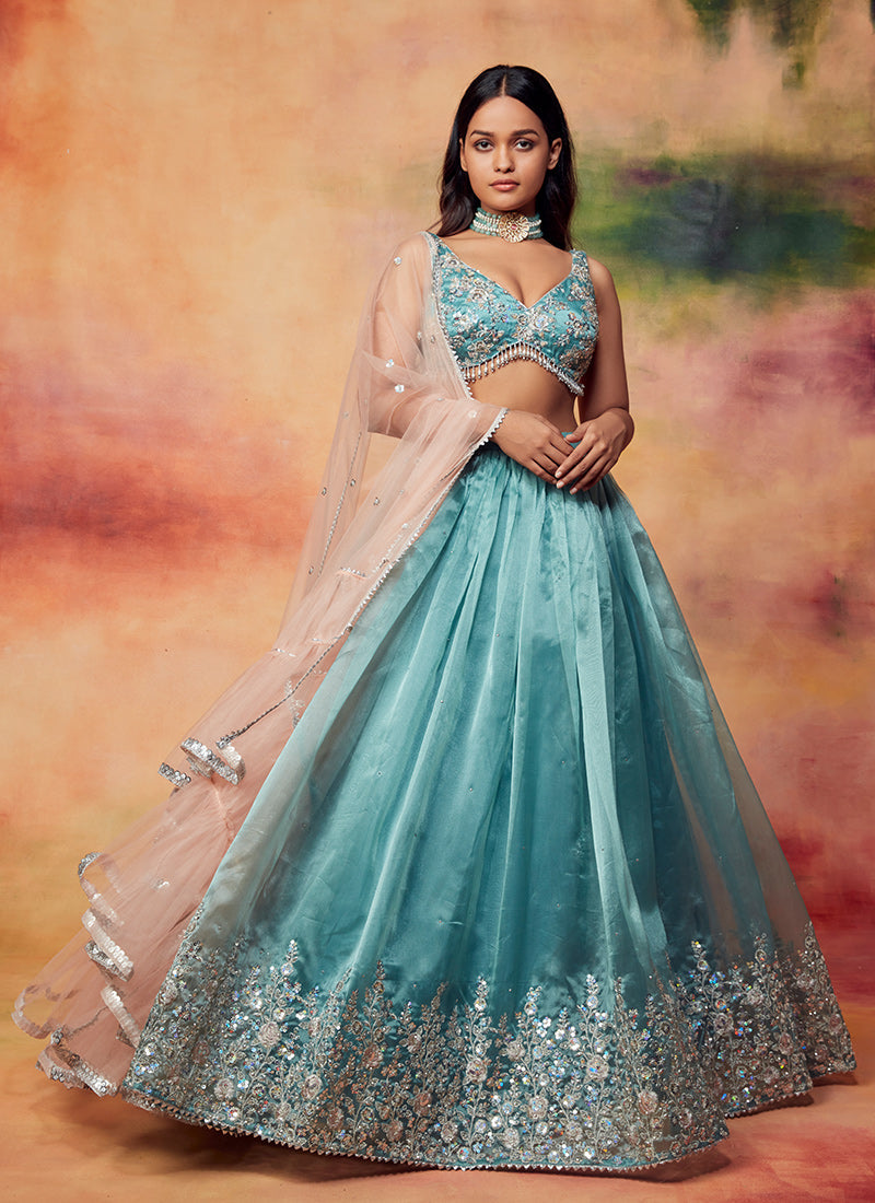 Dusty Teal and Pink Embroidered Lehenga