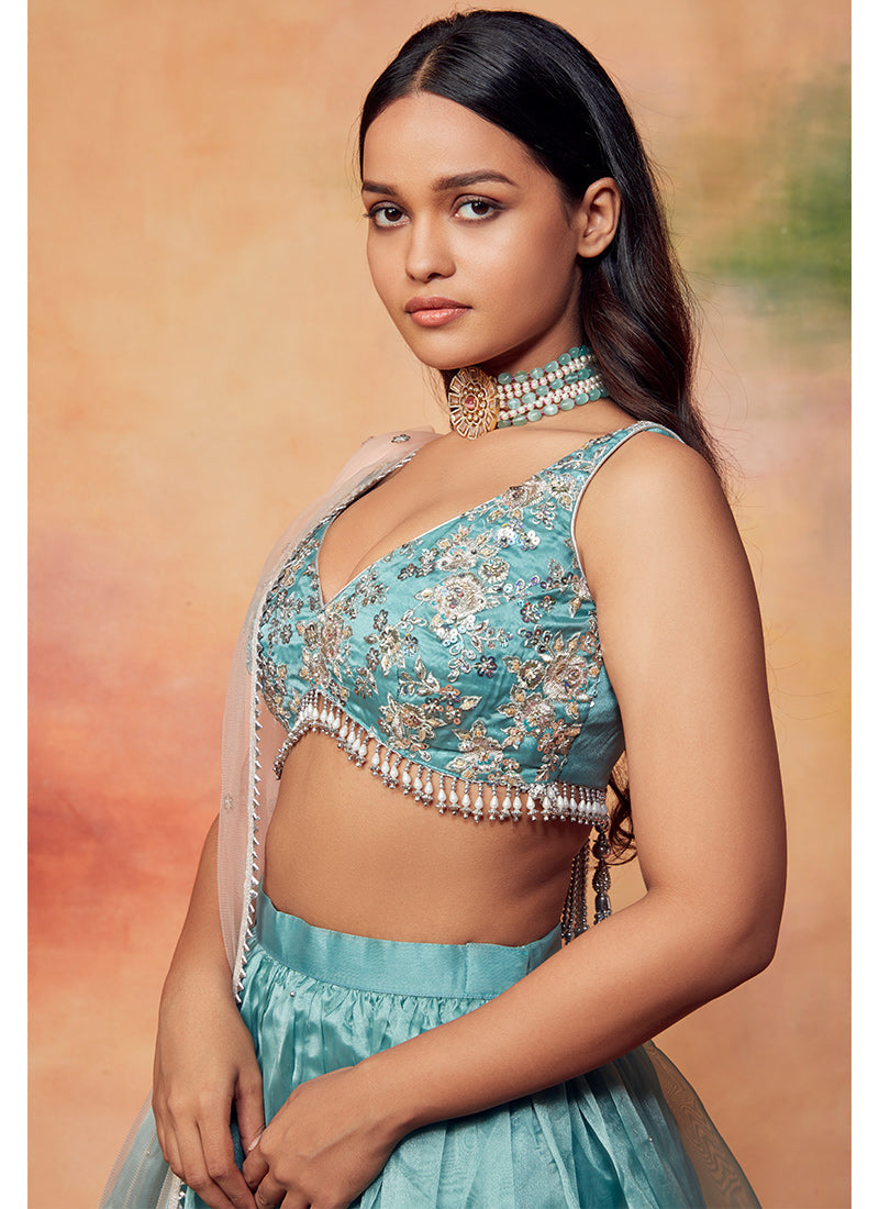 Dusty Teal and Pink Embroidered Lehenga