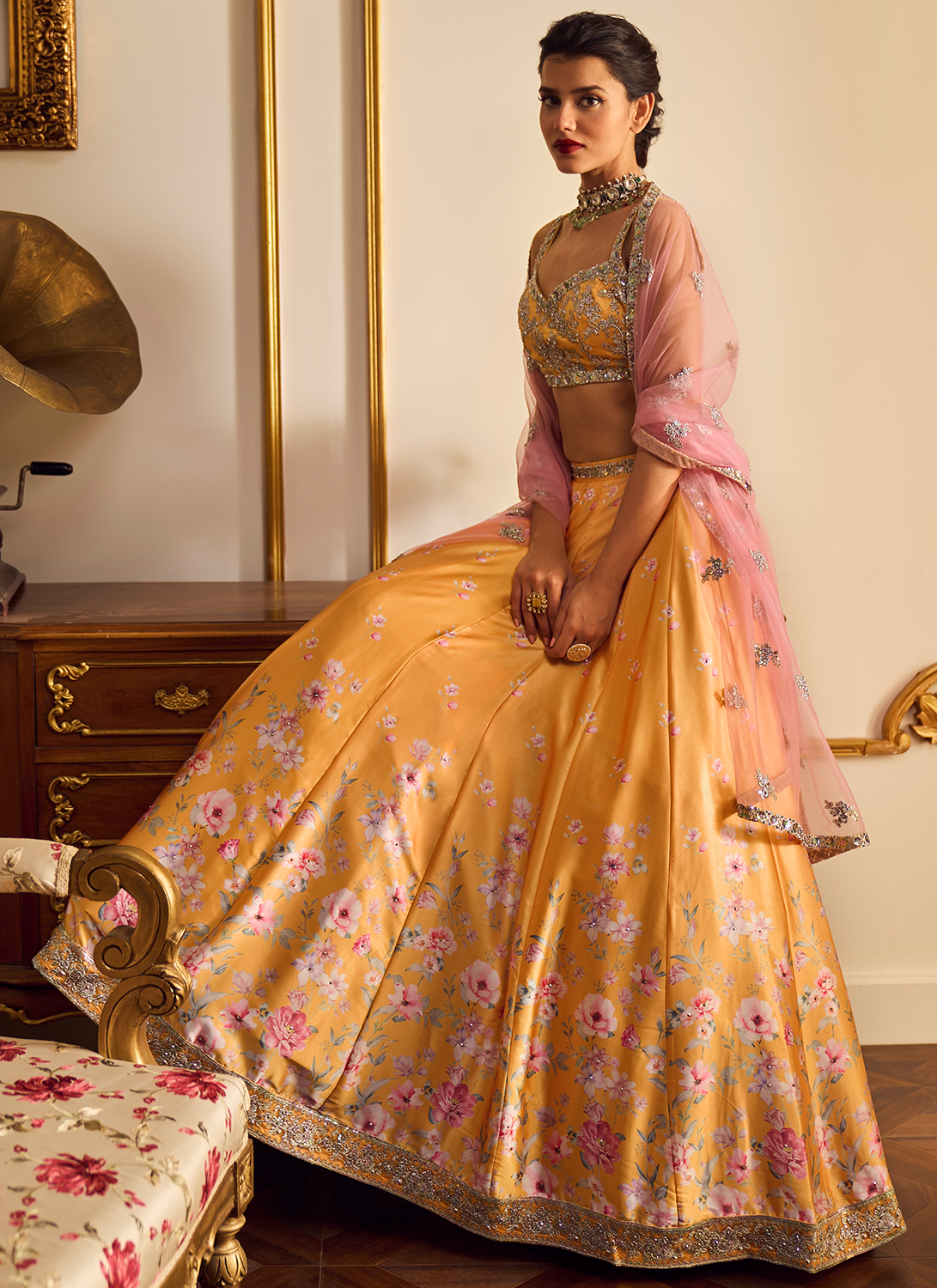 Yellow and Pink Floral Printed Lehenga - Lashkaraa
