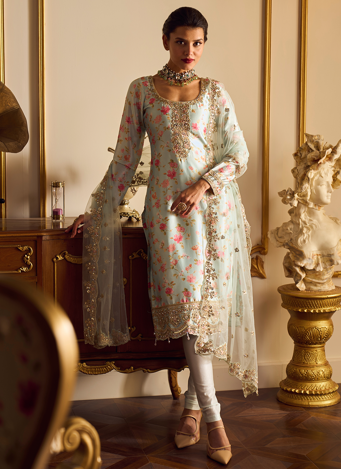 Light Mint Floral Straight Suit - Lashkaraa