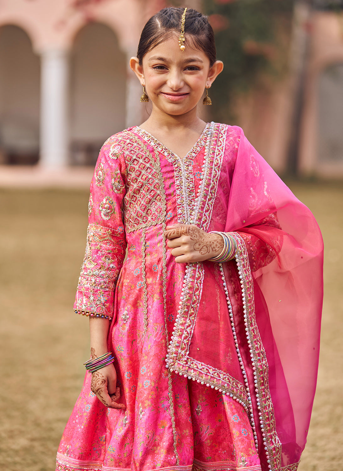 Kids Hot Pink Embroidered Peplum Style Punjabi Suit
