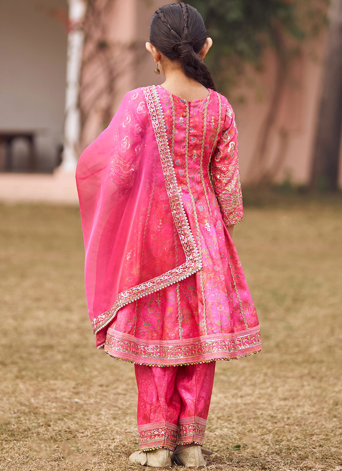 Kids Hot Pink Embroidered Peplum Style Punjabi Suit