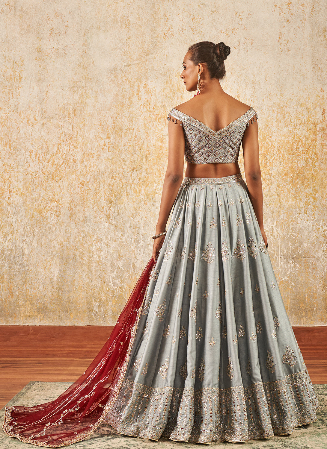 Grey and Maroon Embroidered Lehenga