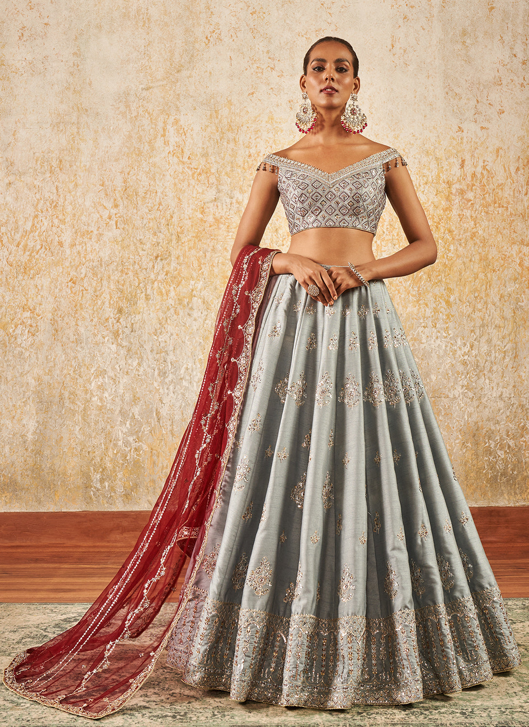 Grey and Maroon Embroidered Lehenga