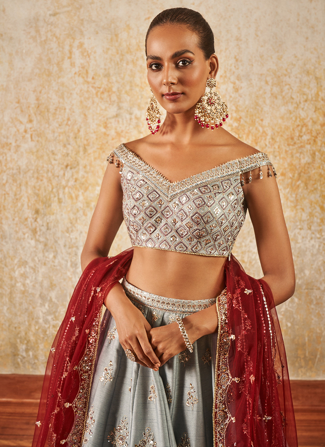 Grey and Maroon Embroidered Lehenga