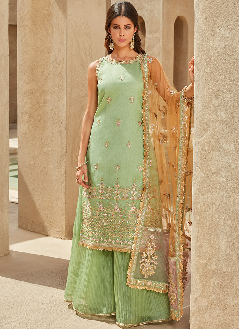 Dusty Green Embroidered Sharara Suit