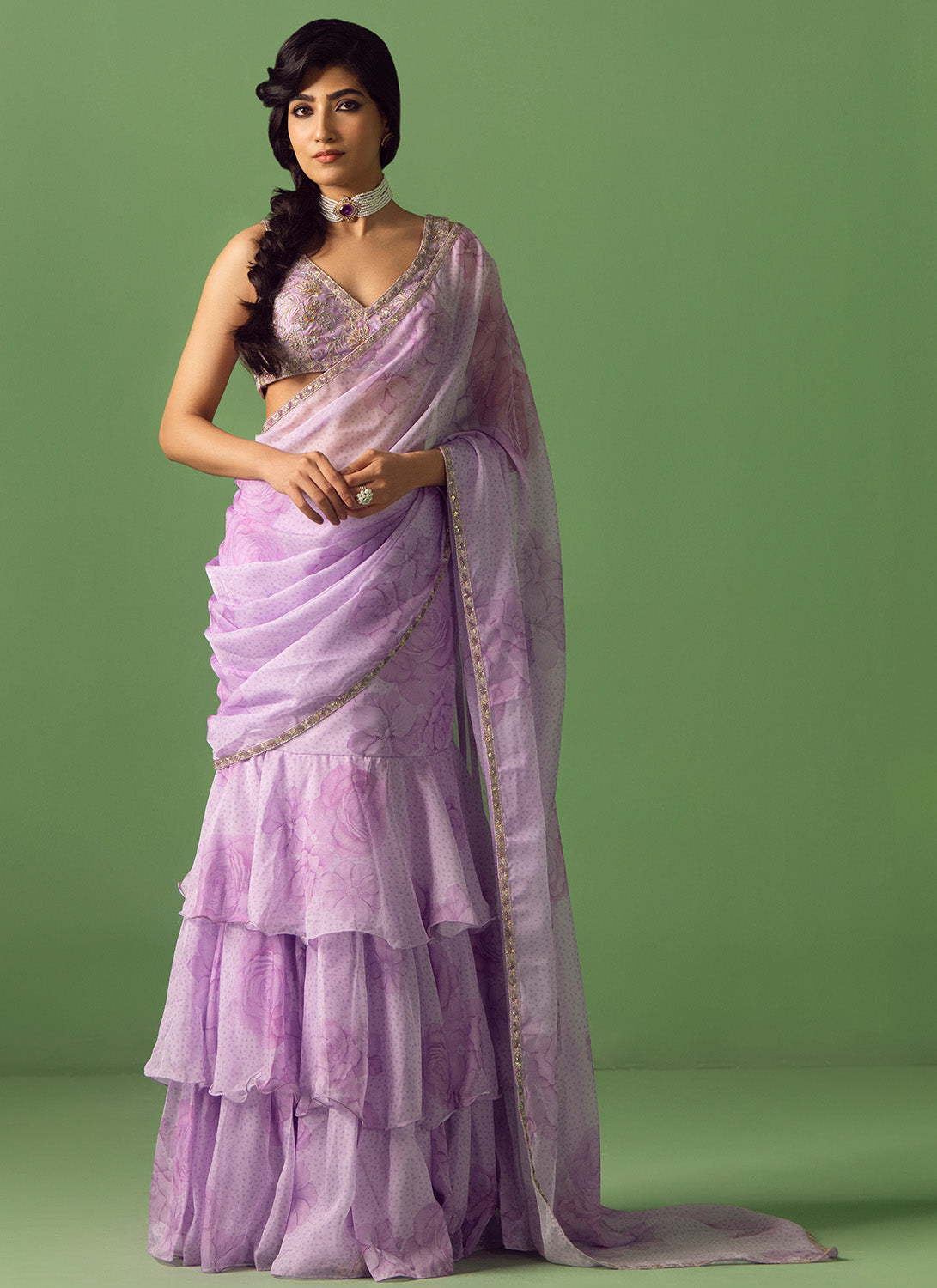 Lavender Floral Printed Organza Saree