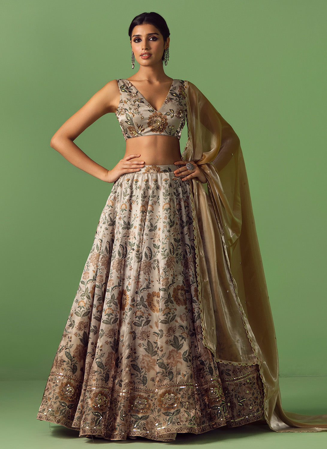 Light Beige Floral Printed Organza Lehenga