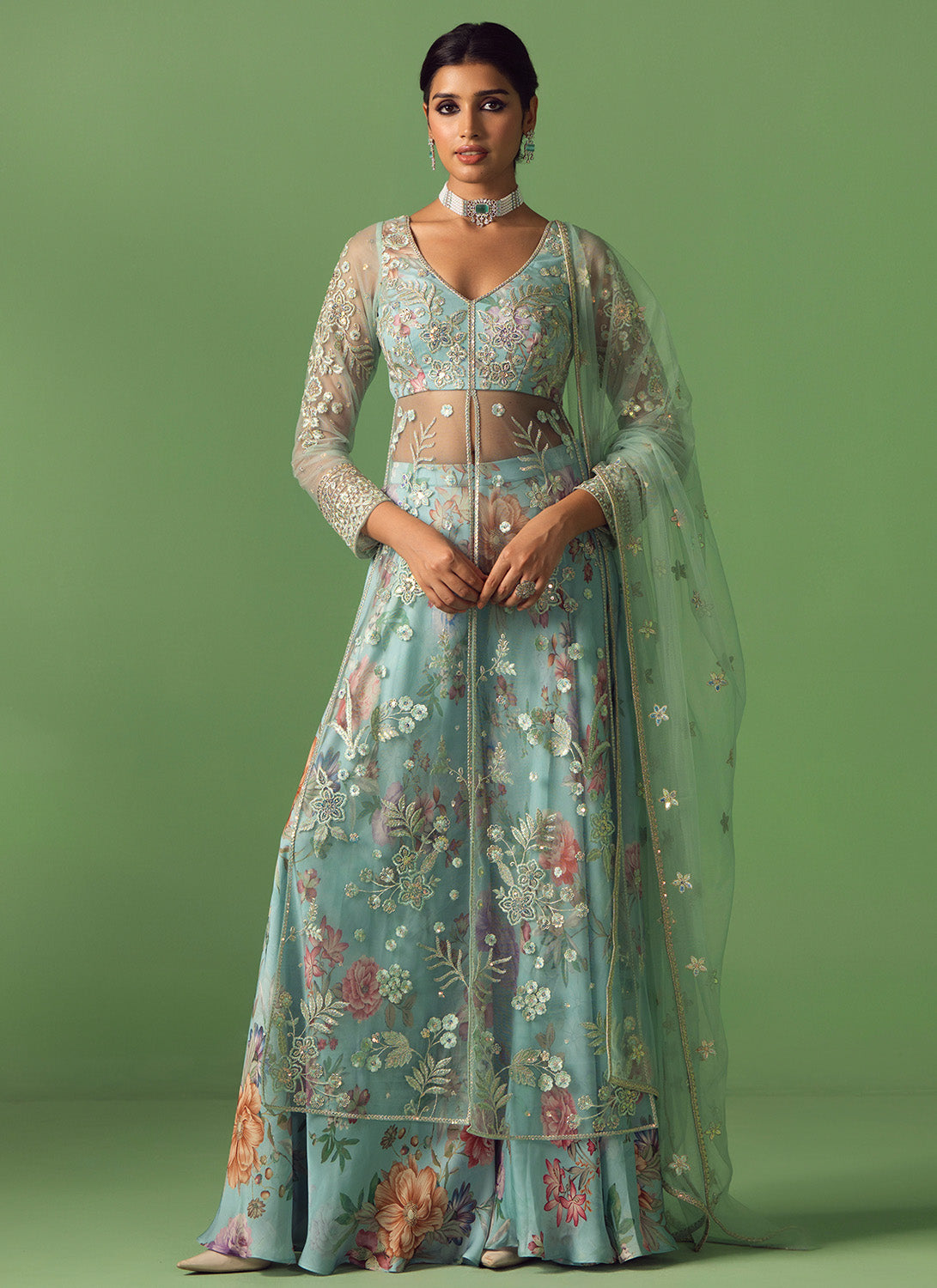 Light Blue Embroidered Net Sharara
