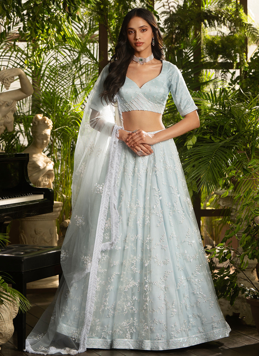 Light Blue Embroidered Pure Silk Lehenga