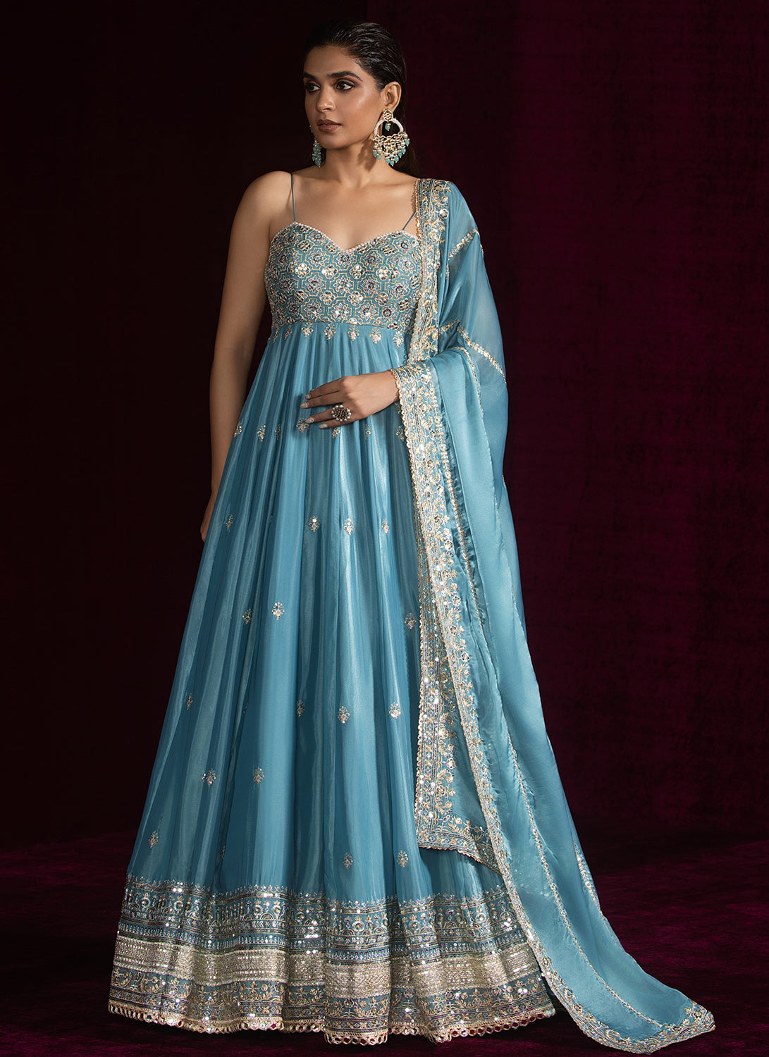 Light Blue Embroidered Silk Anarkali