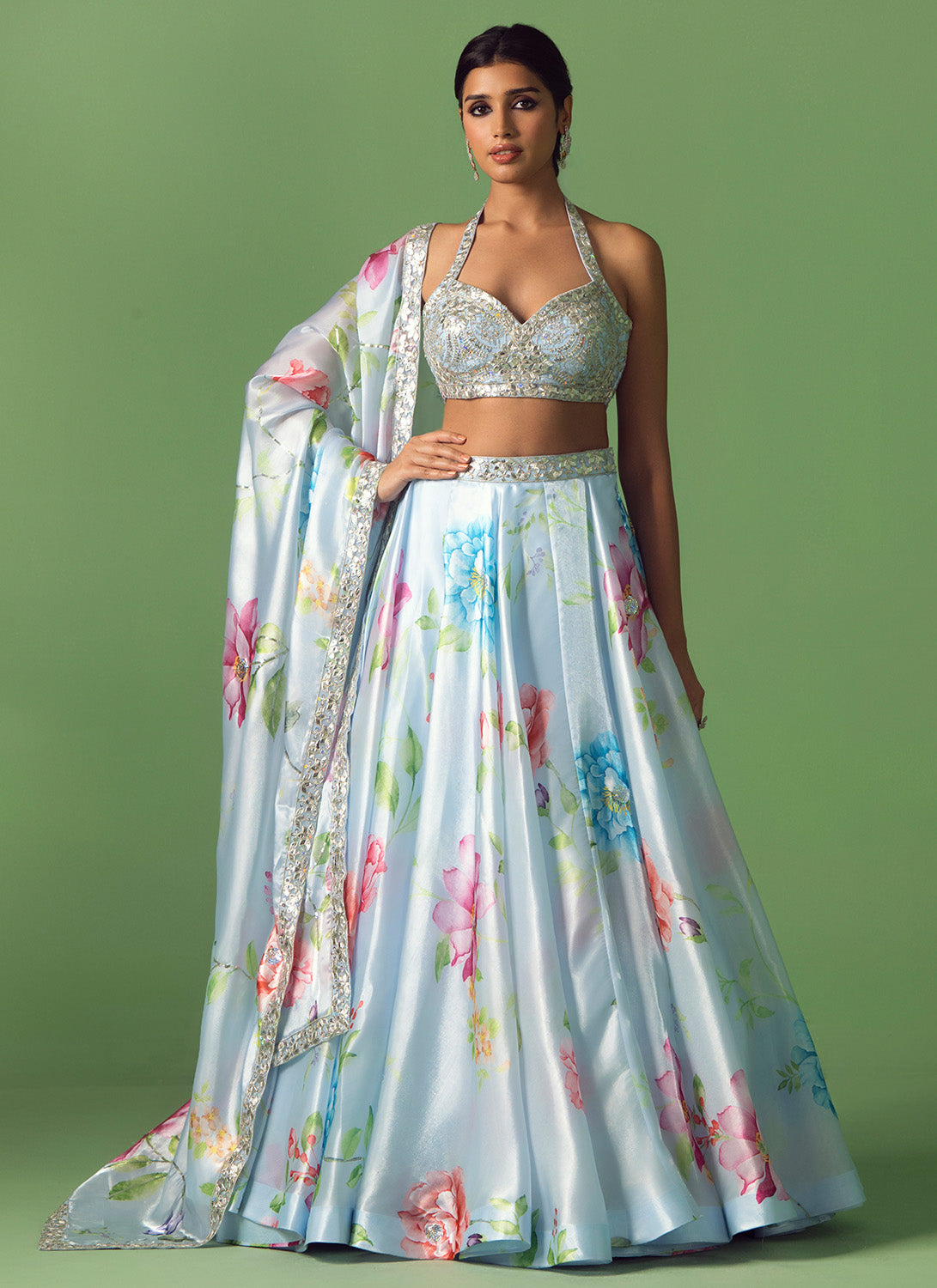 Light Blue Floral Printed Organza Lehenga