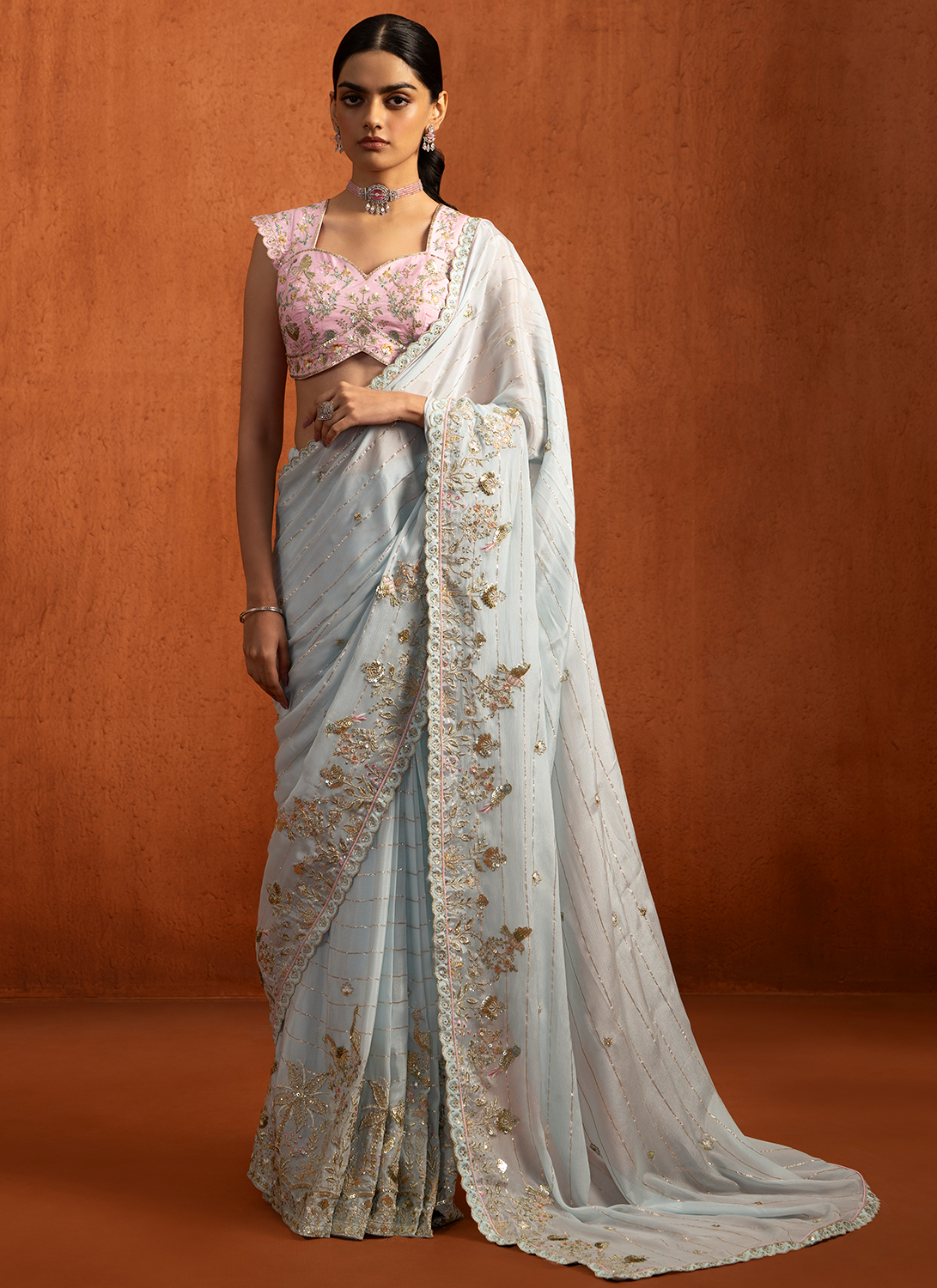 Light Blue Multicolor Embroidered Viscose Chiffon Saree