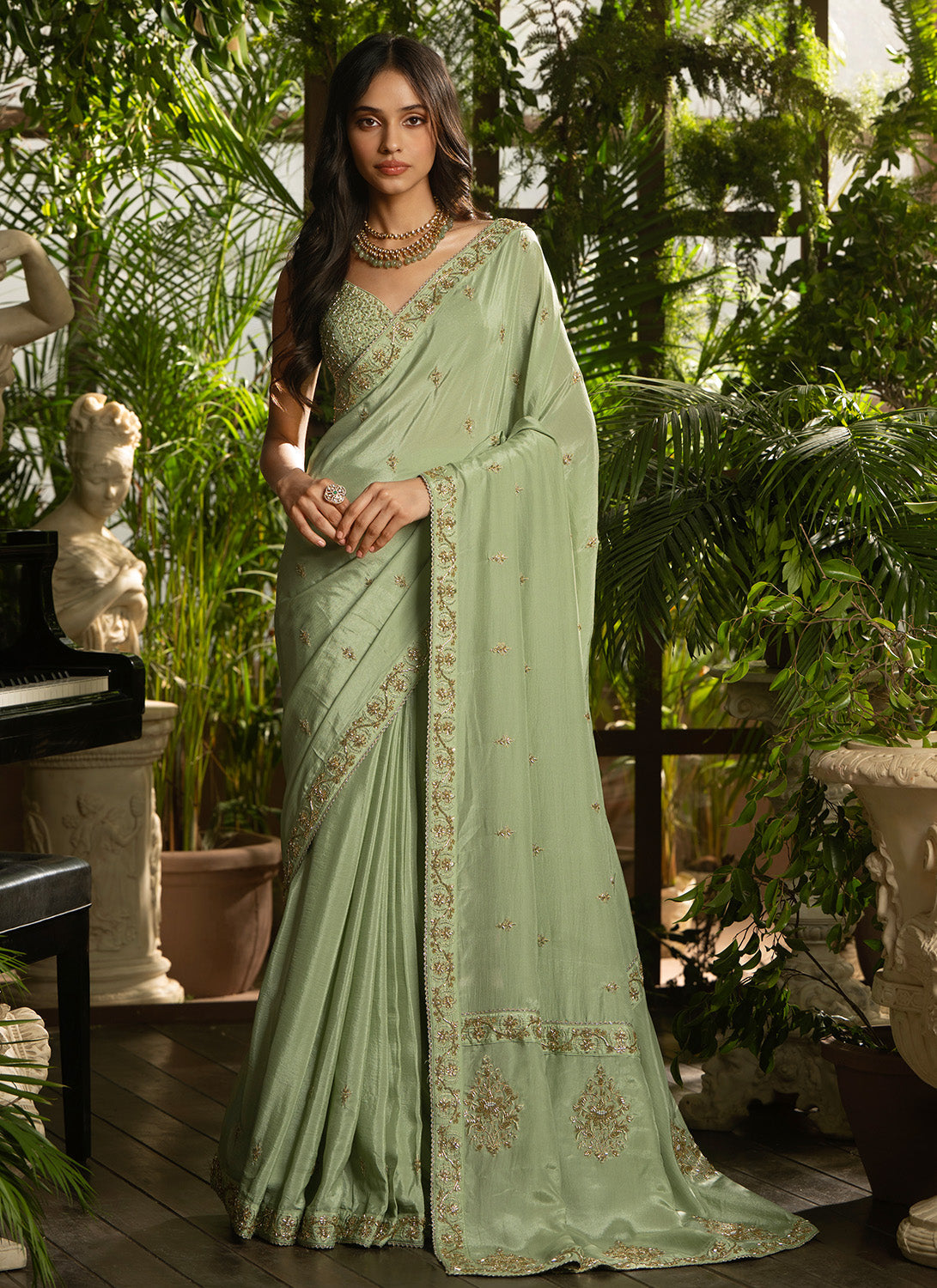 Light Green Embroidered Crepe Saree