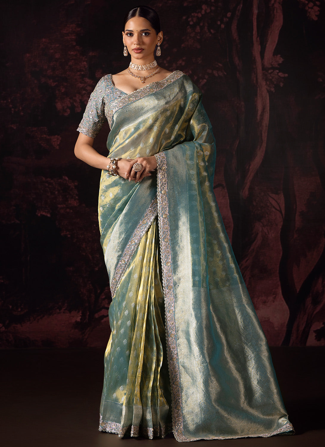 Light Green Embroidered Tissue Saree