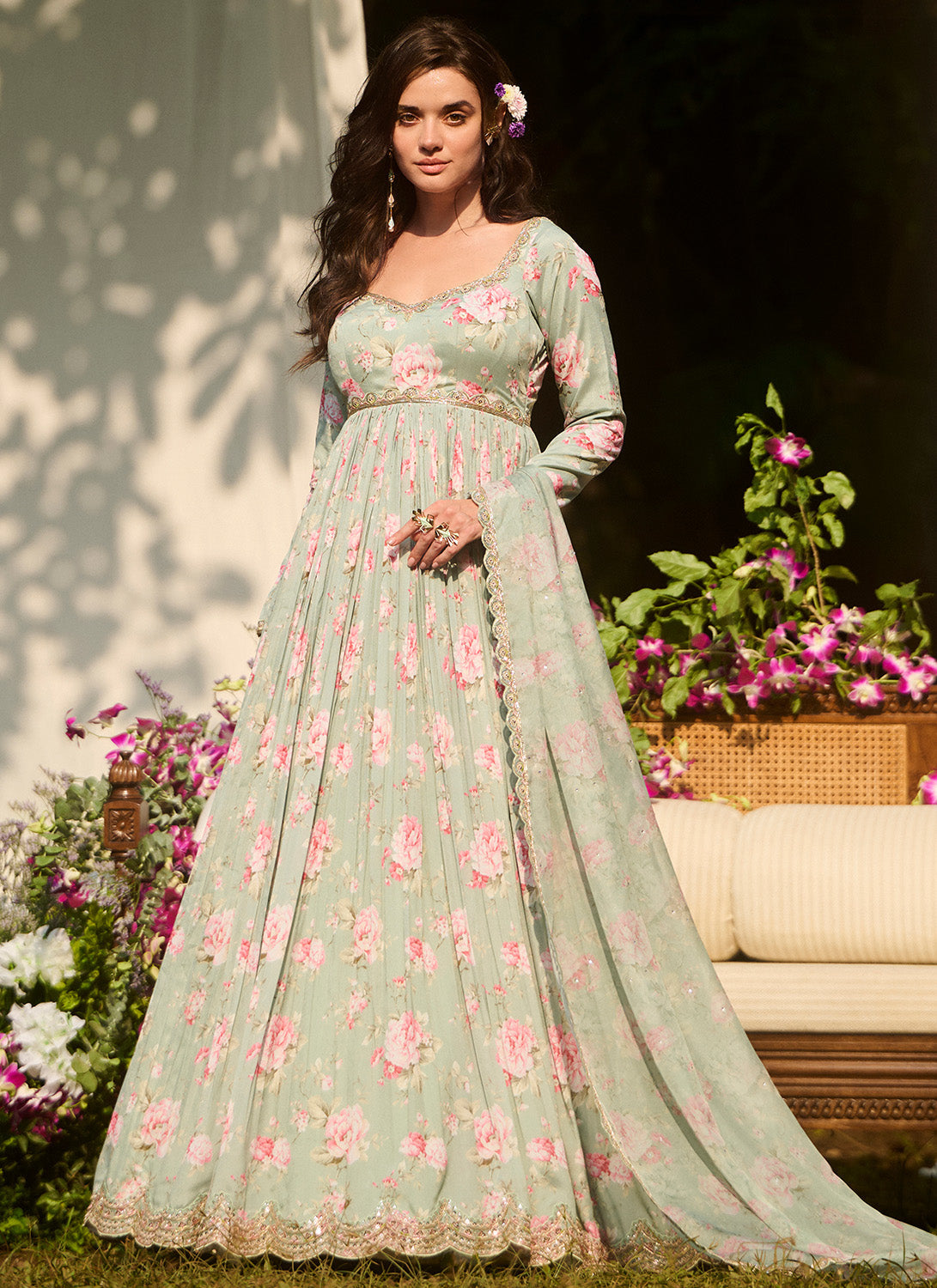 Light Green Multicolor Floral Printed Anarkali