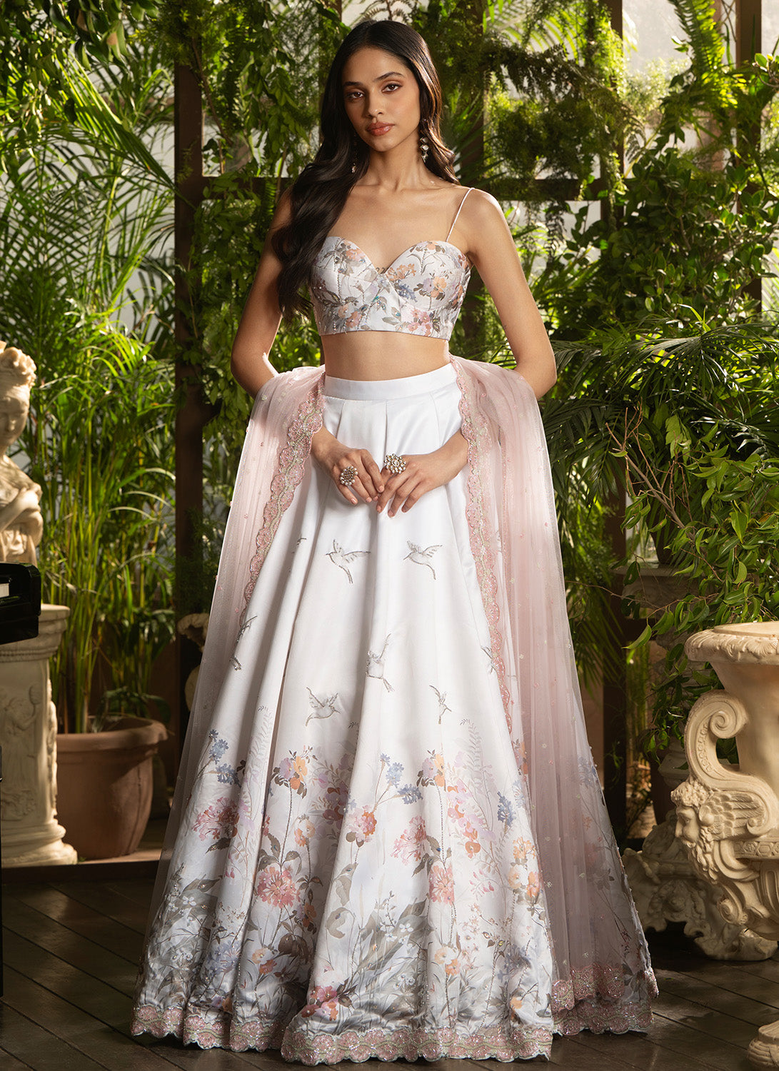 Light Grey Floral Embroidered Satin Lehenga