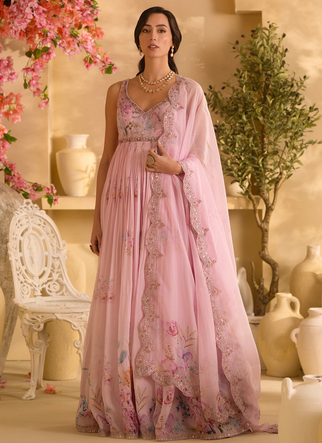 Light Pink Floral Embroidered Organza Anarkali