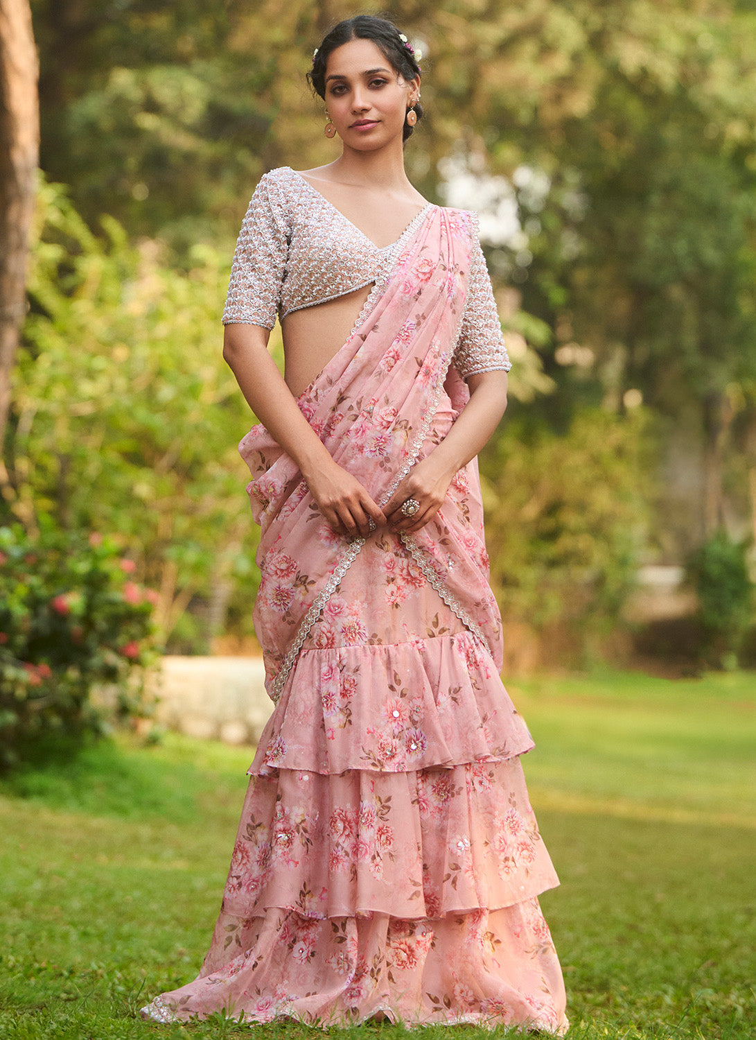 Light Pink Floral Embroidered Ruffled Saree
