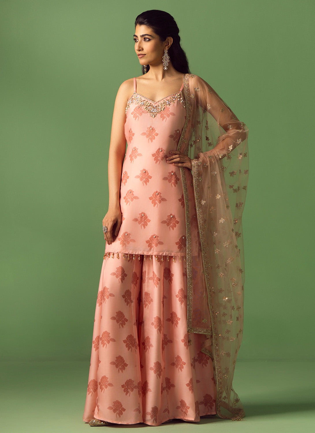 Light Pink Printed Satin Georgette Sharara