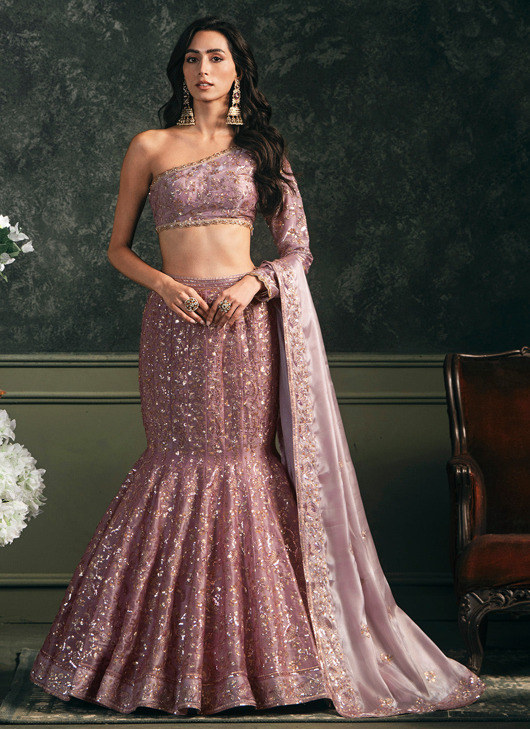 Light Purple Fishcut Embroidered Lehenga