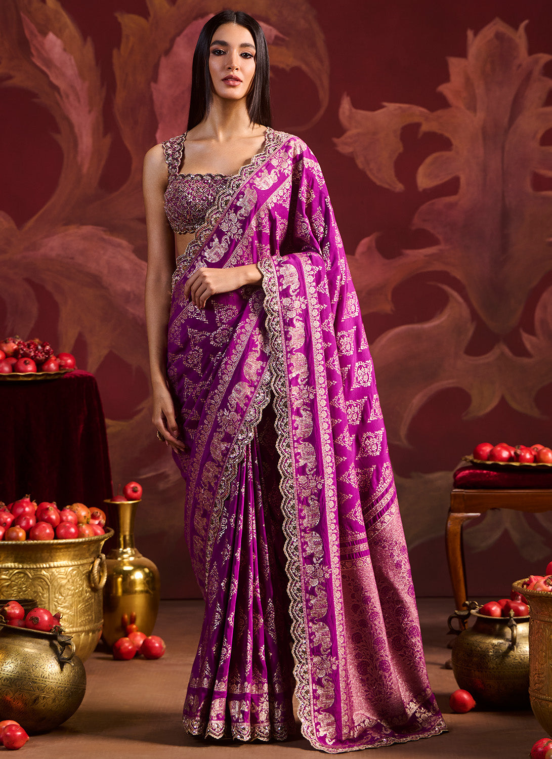 Magenta Embroidered Brocade Saree