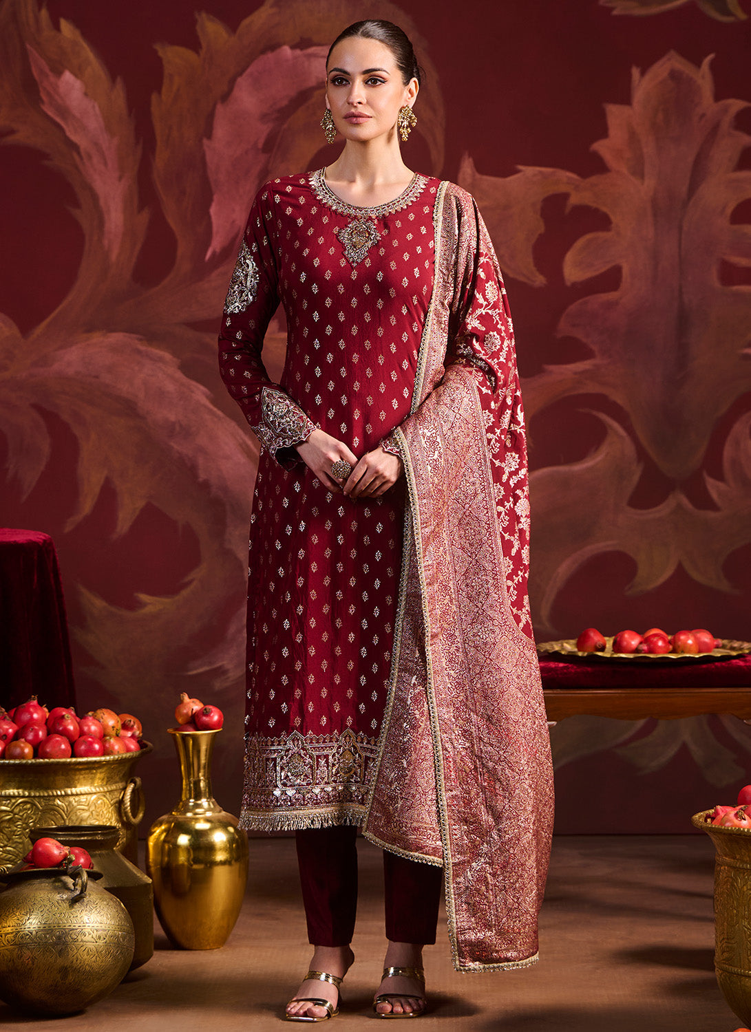 Maroon Embroidered Brocade Pant Suit