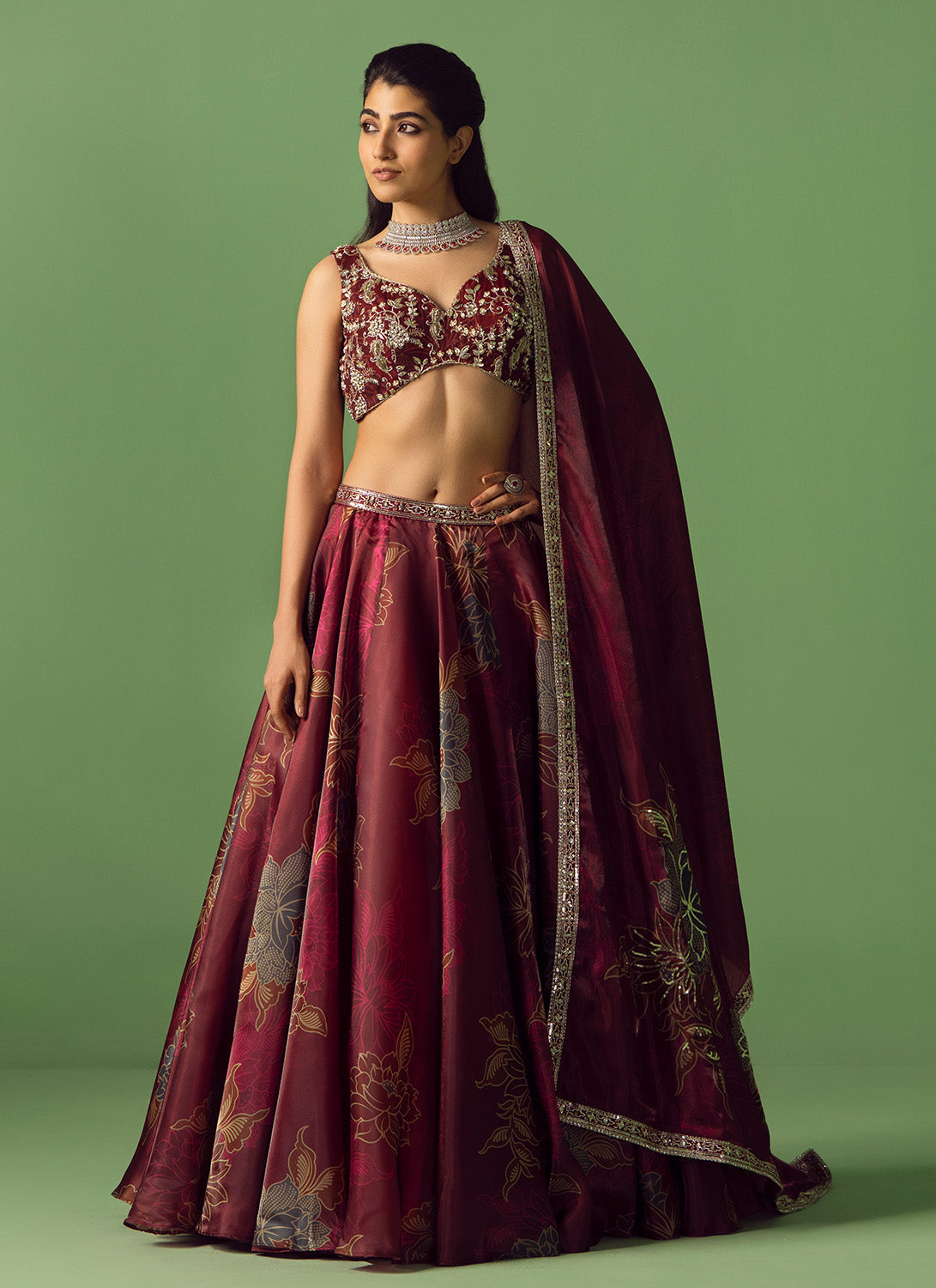 Maroon Floral Printed Organza Lehenga