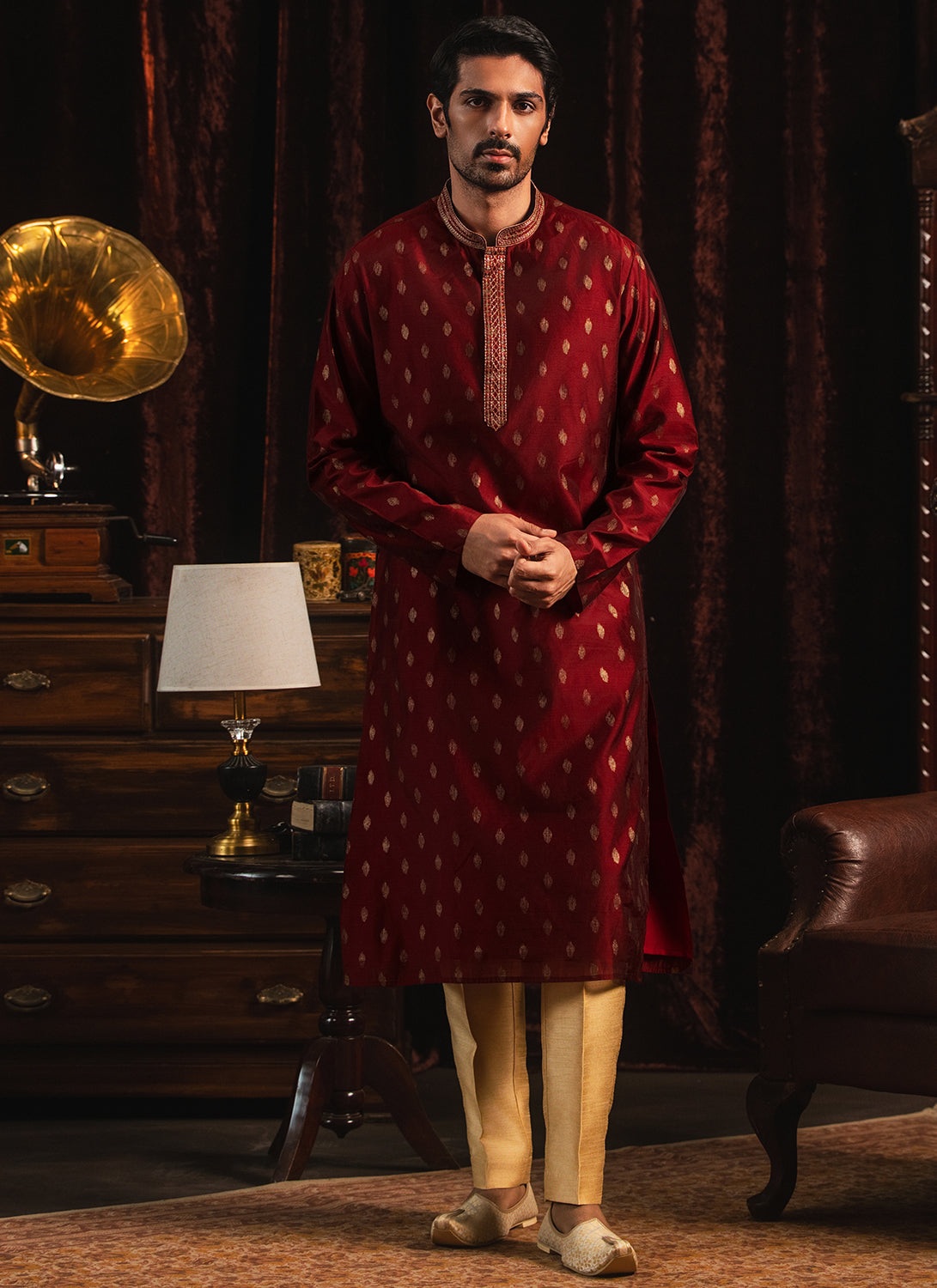 Maroon Foil Printed Kurta Set