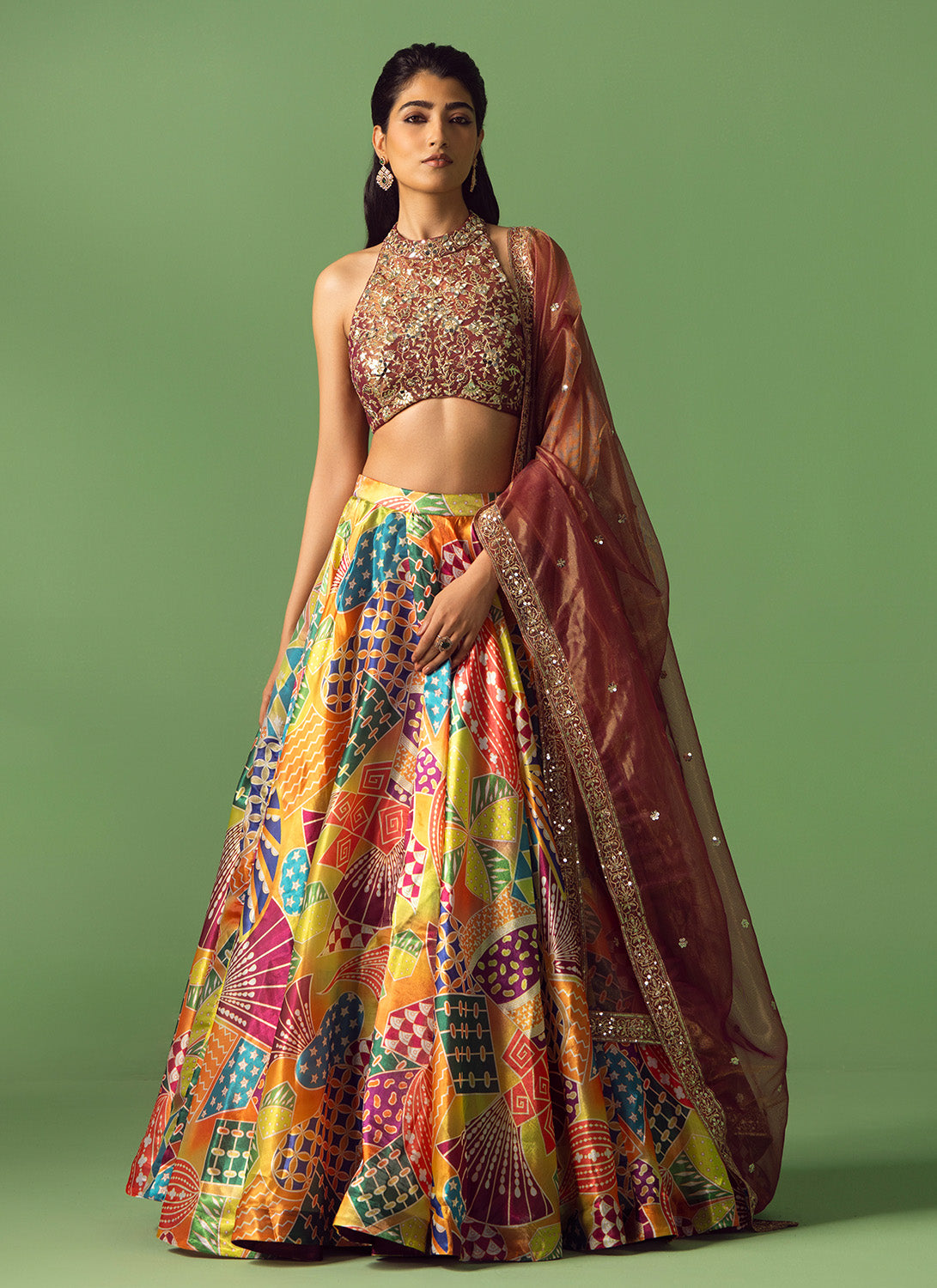 Maroon Multicolor Printed Lehenga