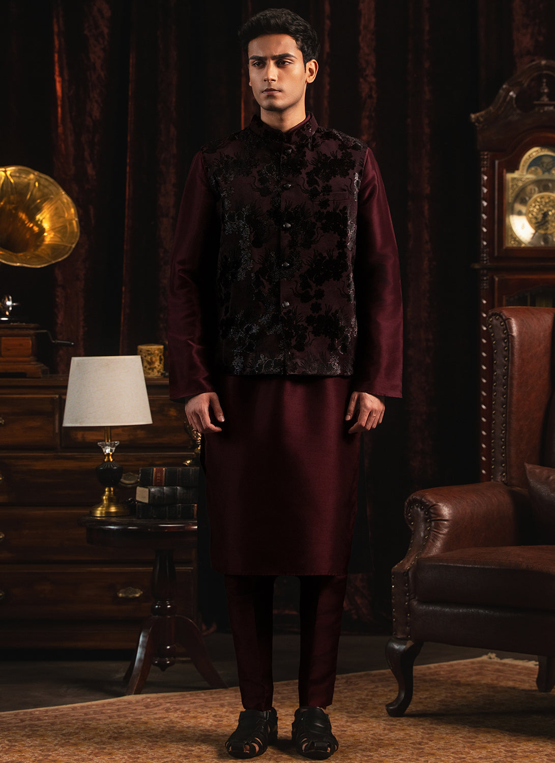 Maroon Silk Nehru Jacket Set