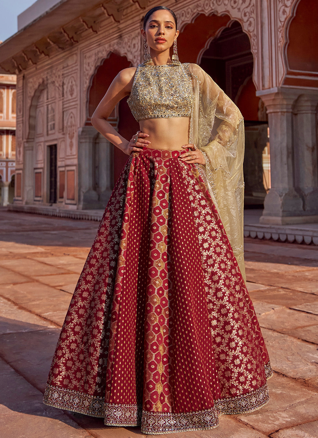 Maroon and Gold Embroidered Tissue Lehenga