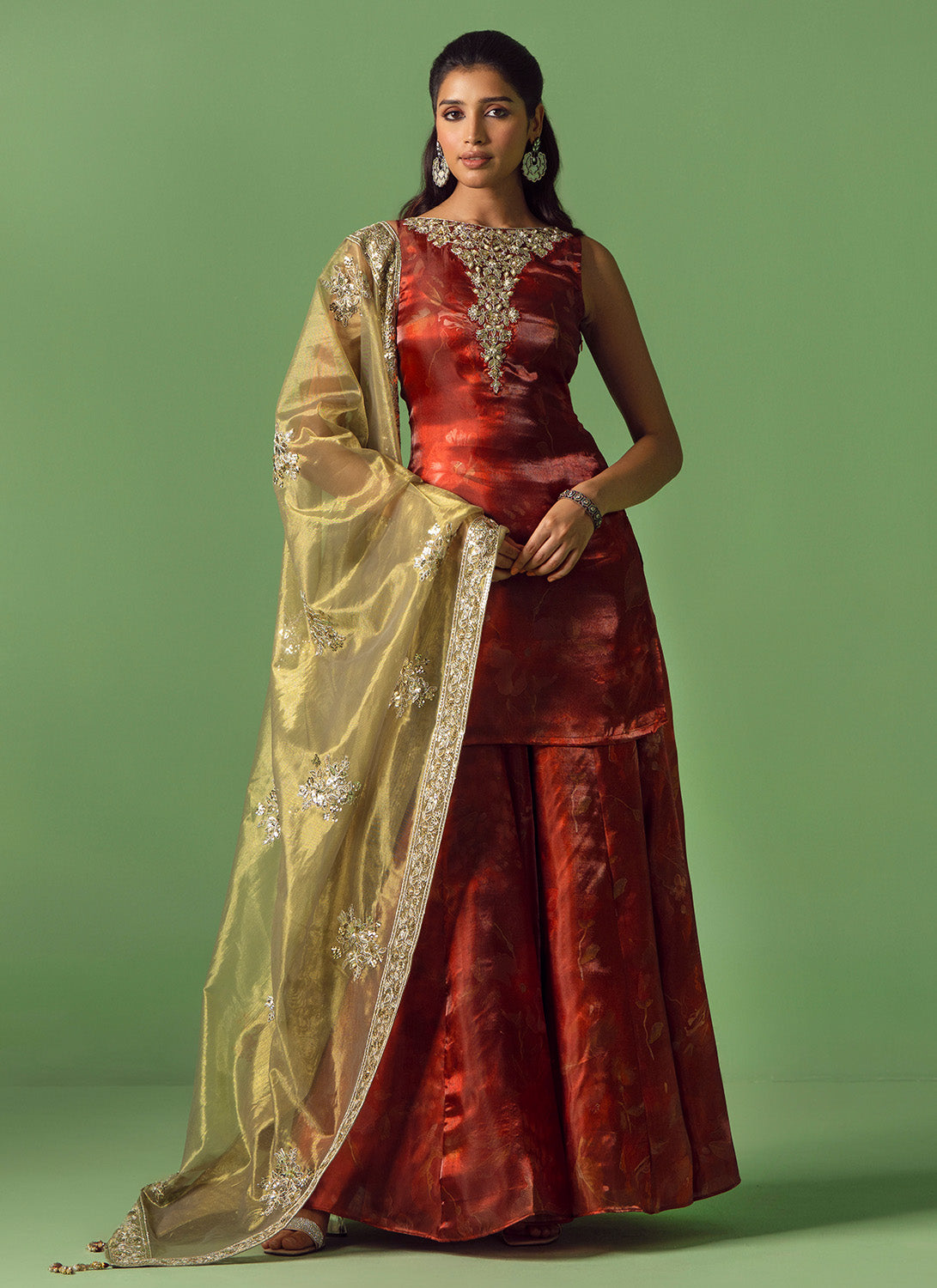 Maroon and Green Embroidered Organza Sharara